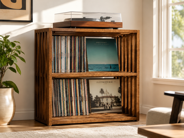Wooden turntable stand with vinyl record storage in Early American stain holding a record player and vinyl albums in a living room