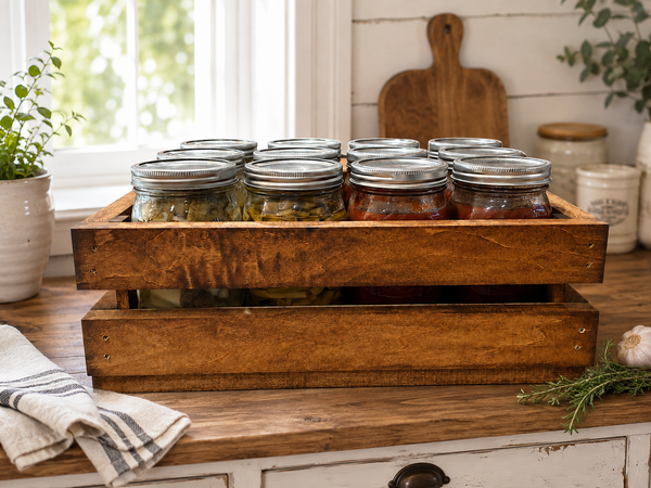 Early American wooden canning jar crate holding quart mason jars filled with canned vegetables and sauce in a farmhouse kitchen