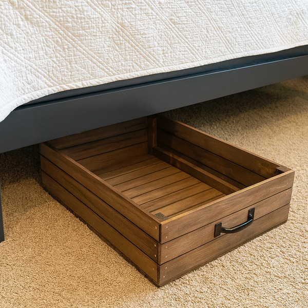 Wooden under-bed storage drawer under modern bed with white quilt