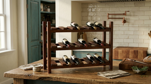 Early American wooden wine rack holding wine bottles on a rustic table in a dining or bar area