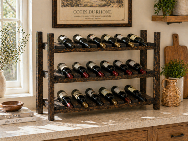 Dark Walnut wooden wine rack holding 18 wine bottles in a rustic dining room or home bar setting