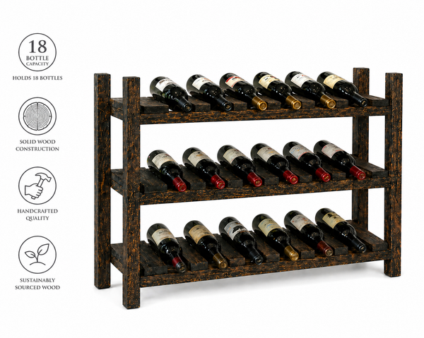 Wooden Wine Rack – Dark Walnut 18 Bottle Rustic Wine Holder
