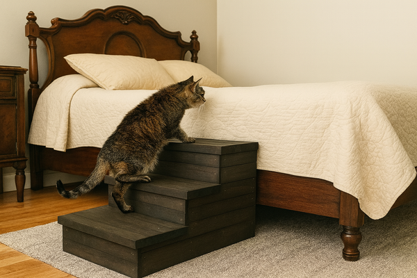 Cat climbing rustic wooden 3-step pet stairs to reach the bed.