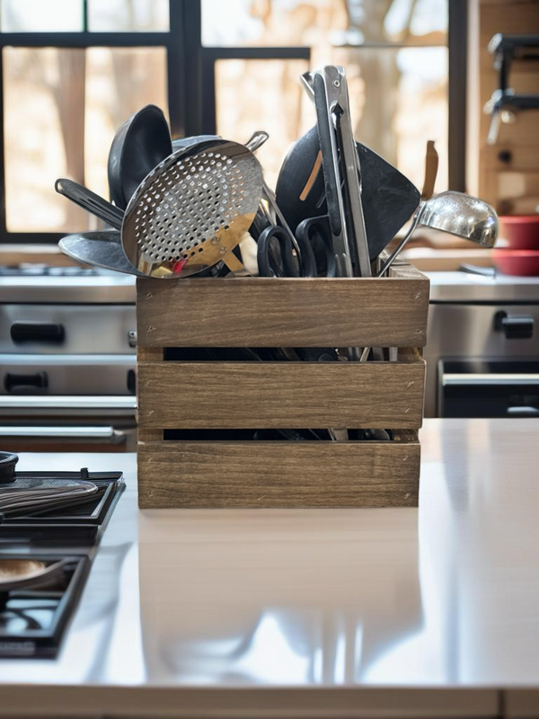 Wooden utensil holder crate packed with utensils in a bright kitchen