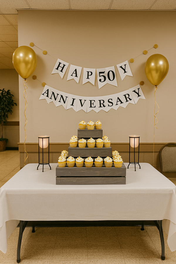 Front view of antique gray 3-tier wooden cupcake stand displayed with cupcakes for an anniversary party.