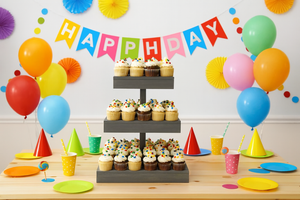 Handmade antique gray wooden cupcake stand holding cupcakes at a colorful birthday party.