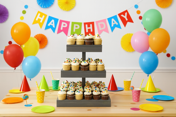 Handmade antique gray wooden cupcake stand holding cupcakes at a colorful birthday party.