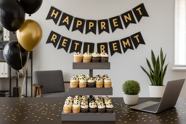Rustic antique gray 3-tier wooden cupcake stand with cupcakes at a retirement party celebration.