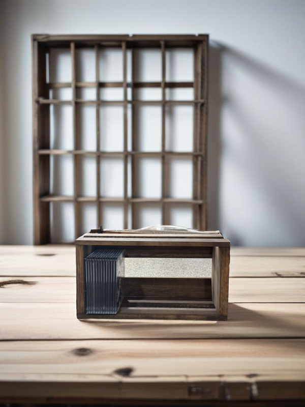 Rustic CD holder crate on wood table with grid shelf in background.
