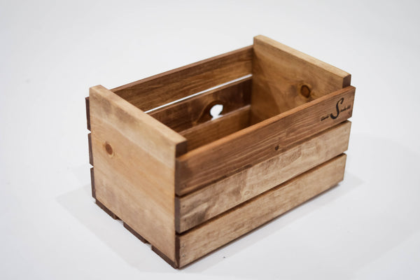 Closeup of handcrafted cherry stained 45 RPM vinyl record crate