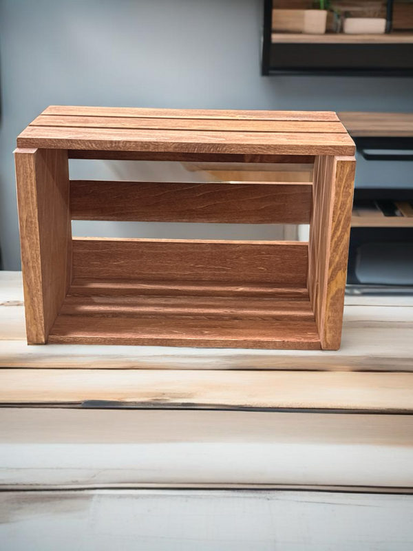 Empty cherry stained wooden record holder crate for 45 RPM vinyls