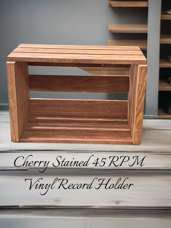Cherry stained 45 RPM vinyl record holder front view on table