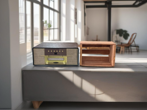 Rustic cherry stained 45 RPM vinyl record crate displayed in modern room