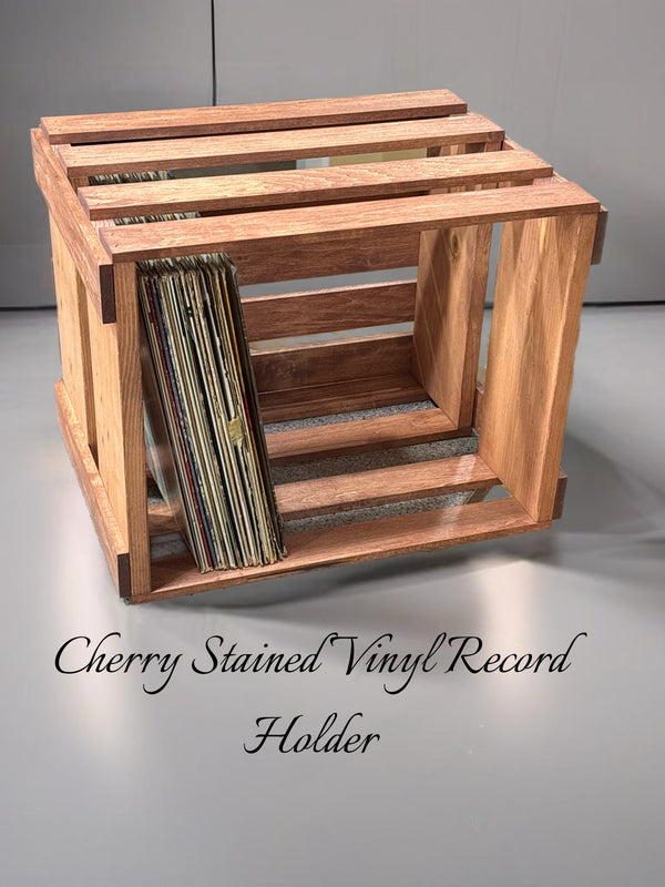 Handcrafted cherry wood LP storage crate for vinyl albums