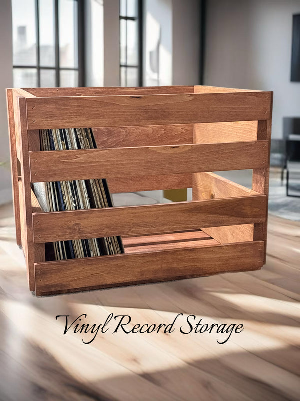 Cherry stained wooden record crate for LP vinyl organization