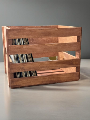 Cherry wood LP vinyl record storage crate, rustic farmhouse design