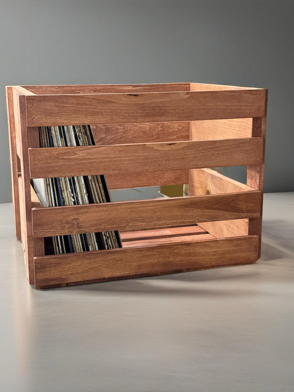 Cherry wood LP vinyl record storage crate, rustic farmhouse design