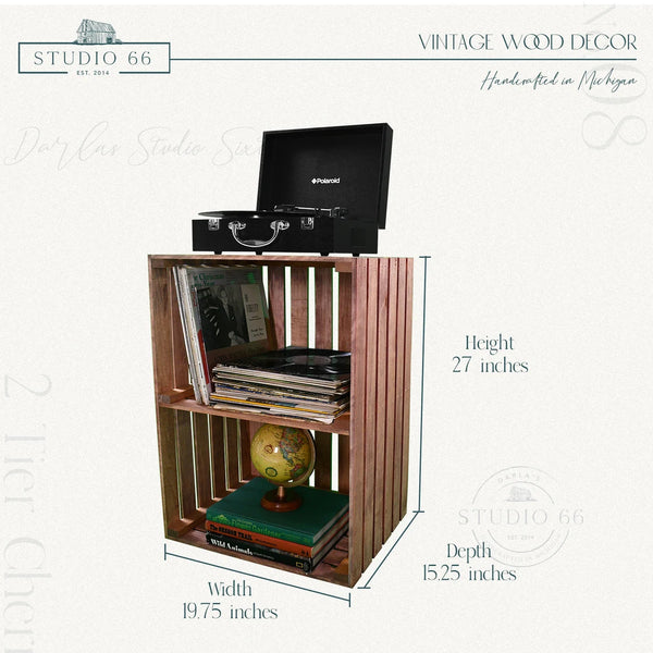 Dimensions of cherry 2-tier turntable stand showing height, width, and depth.