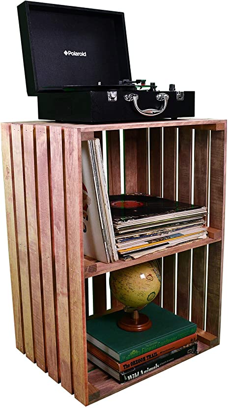 Handmade cherry wood 2-tier record player stand with vinyl record storage.