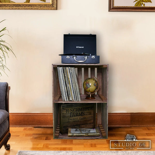 Rustic cherry stained turntable stand styled in farmhouse living room with records and globe.