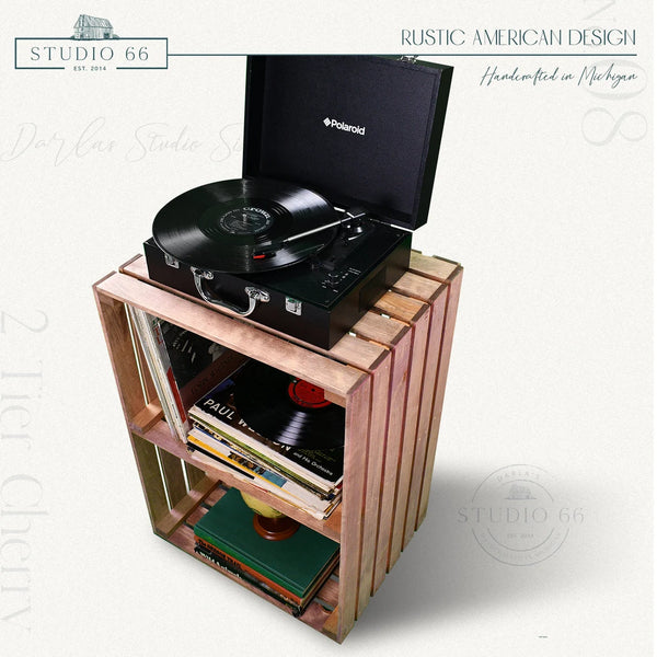 Cherry wood turntable stand with record player on top and LP storage below.