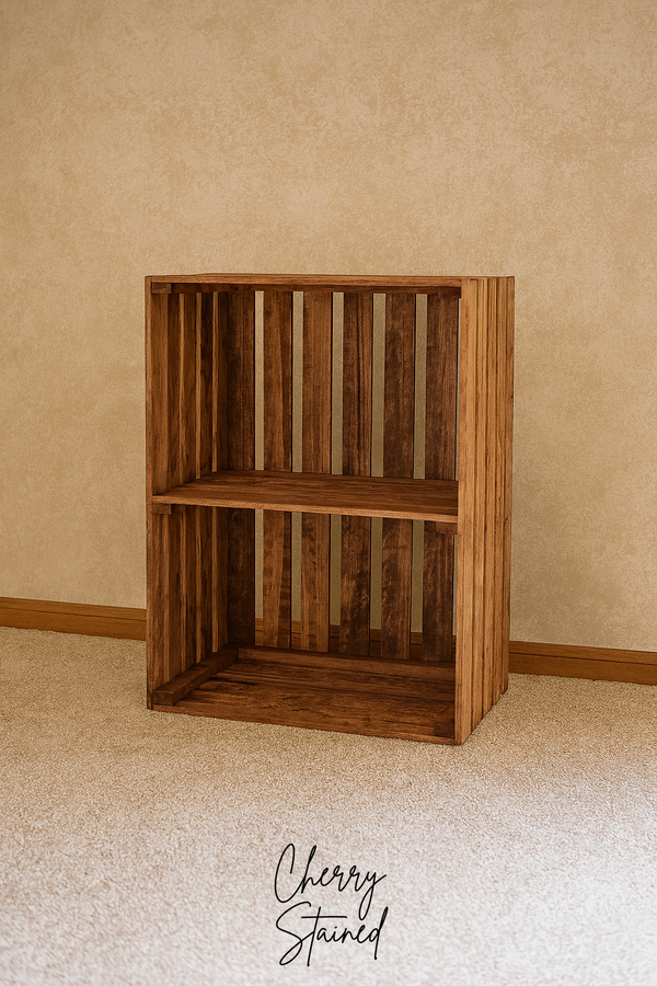 Side view of cherry stained 2-tier wooden turntable stand for records and storage.
