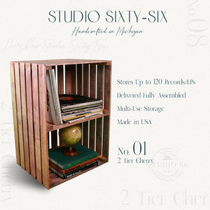 Rustic cherry stained vinyl record storage stand with record player and globe display.