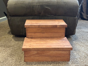 Dog climbing cherry stained rustic two-step wooden pet stairs