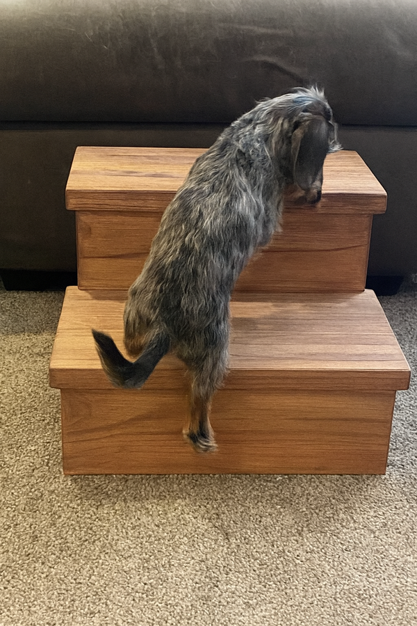 Dog climbing cherry stained rustic two-step wooden pet stairs