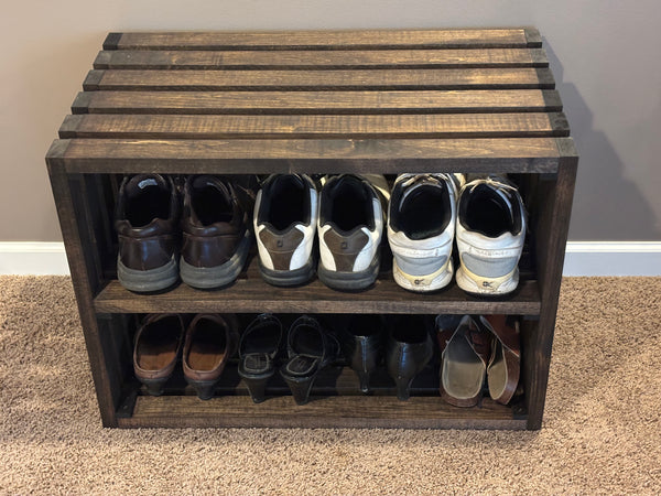Closet shoe storage rack in dark walnut with shoes neatly organized