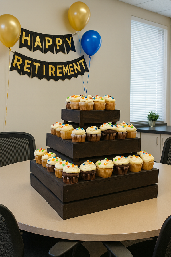 Rustic dark 3-tier wooden cupcake stand displayed at a retirement party with cupcakes and balloons.