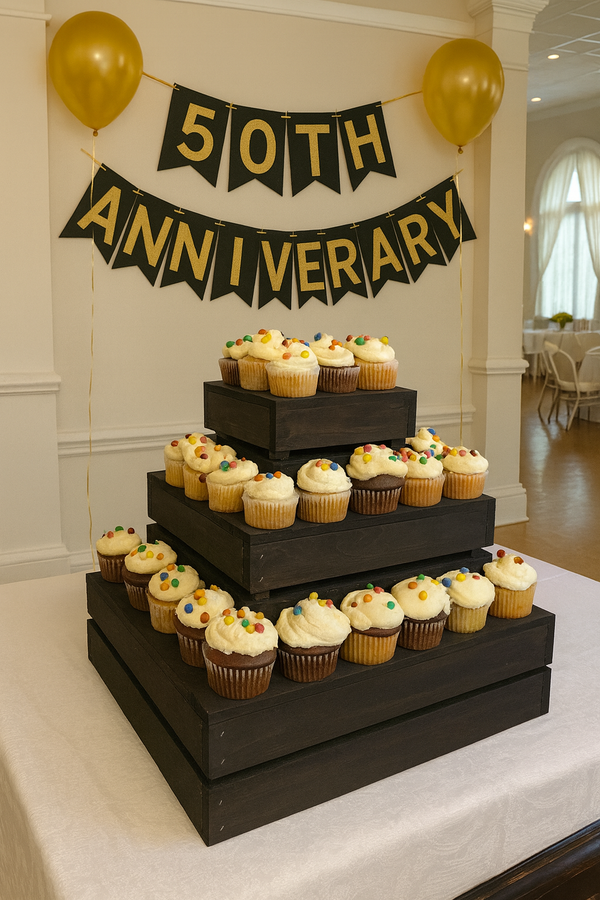 Dark stained 3-tier wooden cupcake stand filled with cupcakes at a 50th anniversary celebration.