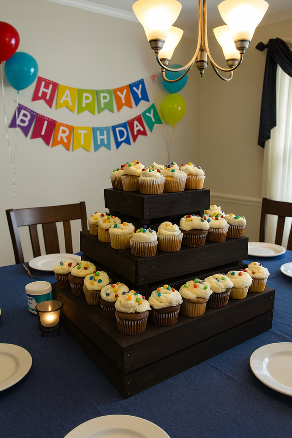 Handmade dark wood 3-tier cupcake stand holding cupcakes at a birthday party.