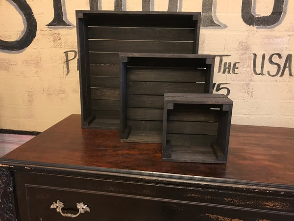 Empty 3-tier rustic wooden cupcake stand in dark stain showing stacked tray design.