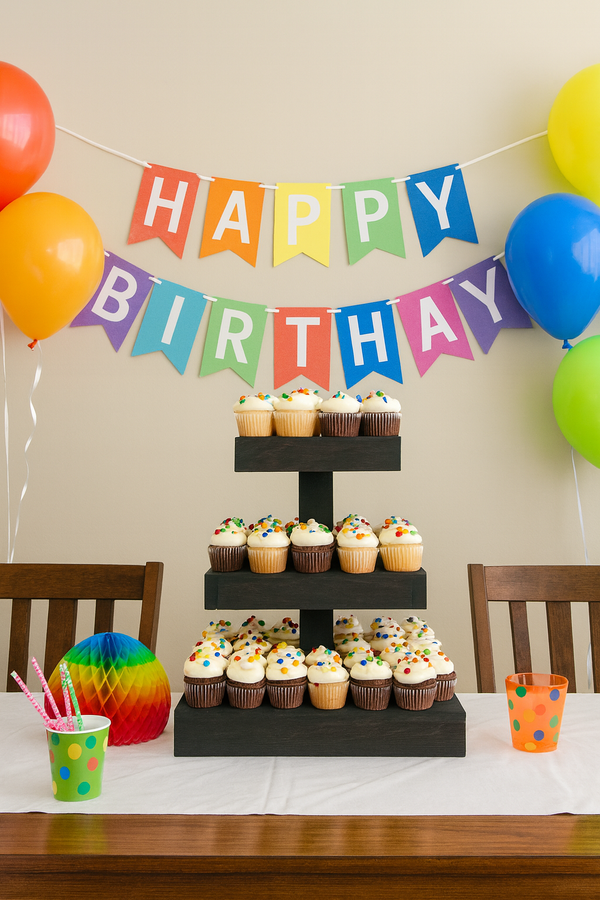 Handmade rustic dark cupcake stand showcased at a birthday party with colorful balloons and cupcakes.