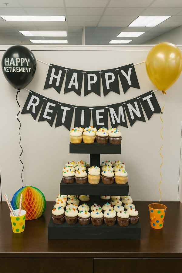 Rustic dark wooden cupcake stand filled with cupcakes at a retirement party with balloons and banner.