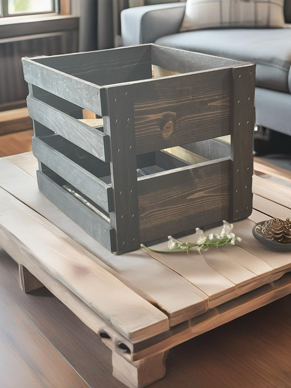 Farmhouse style dark stained record holder crate in rustic interior