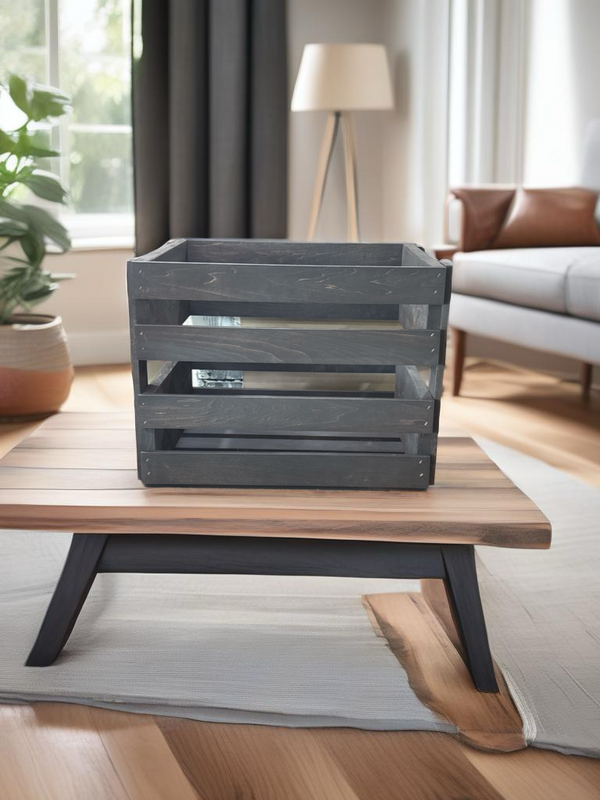 Rustic dark wood LP holder crate displayed in a cozy room