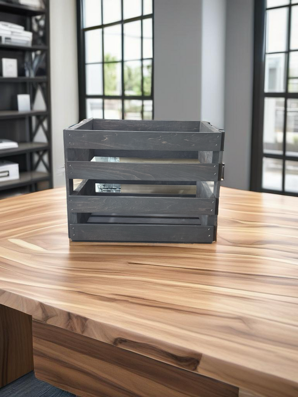 Farmhouse style dark wood LP holder crate on rustic wood table