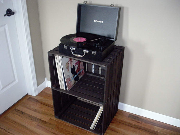 Dark stained handcrafted turntable stand with record storage