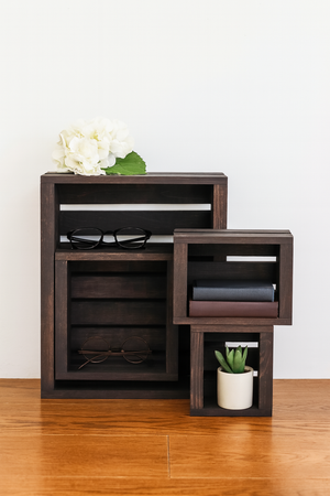 Dark stained wooden nesting crates set of 4, rustic farmhouse storage boxes.
