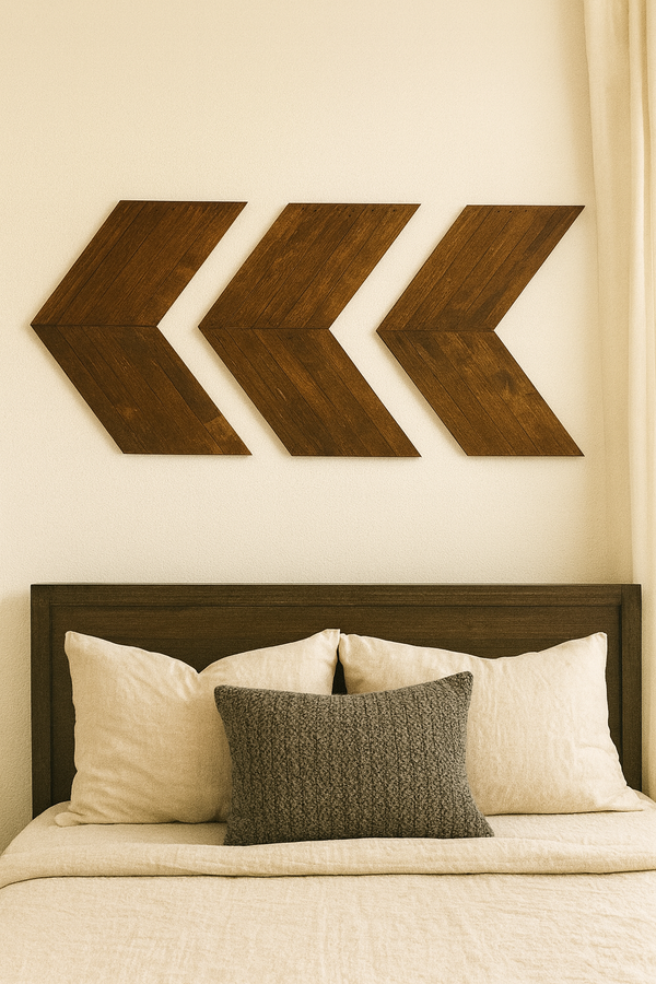 Dark walnut chevron wall art above bed, farmhouse bedroom decor