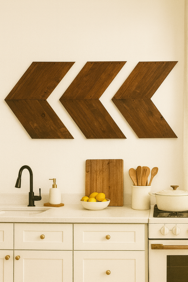 Rustic dark walnut chevron arrows on kitchen wall above counter
