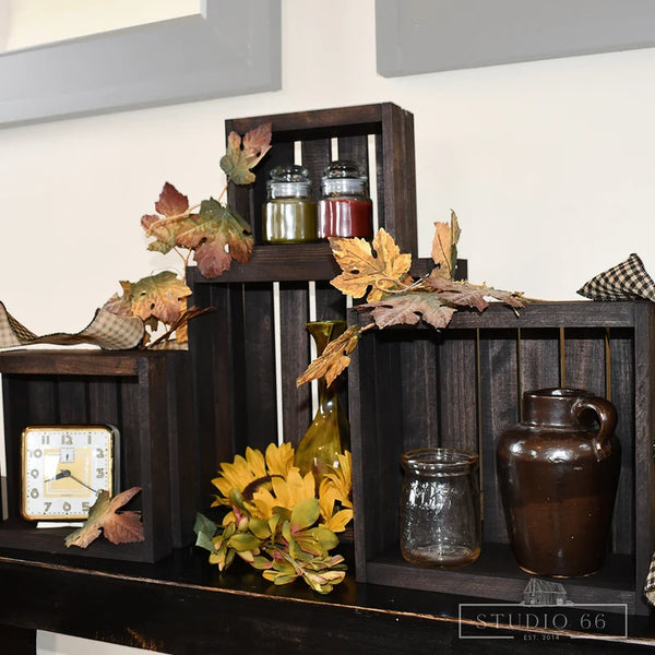 Handcrafted dark wood nesting crates, farmhouse style organizers.
