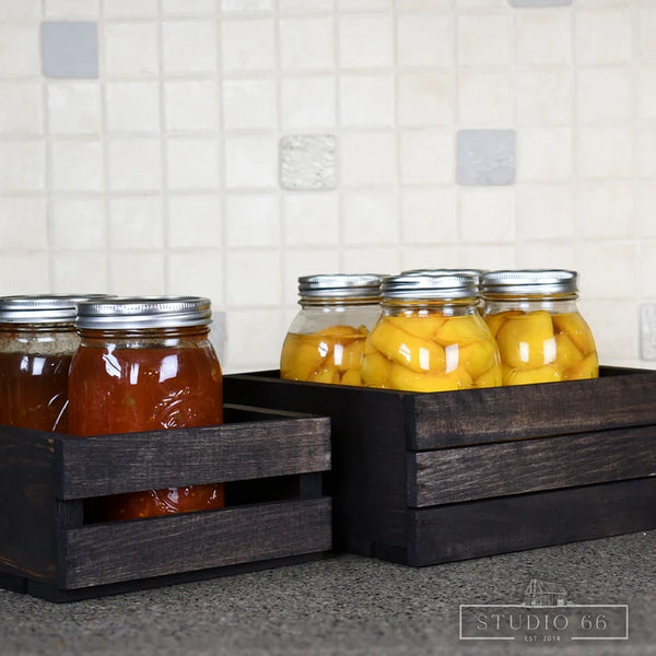 Set of dark wood nesting crates, perfect for kitchen, pantry, or living room storage.