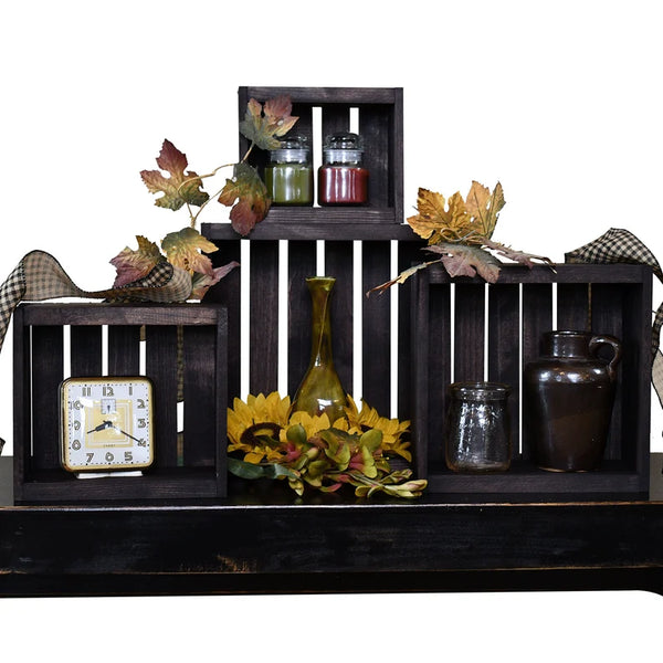 Stackable dark stained nesting crates set of 4, versatile home organizers.