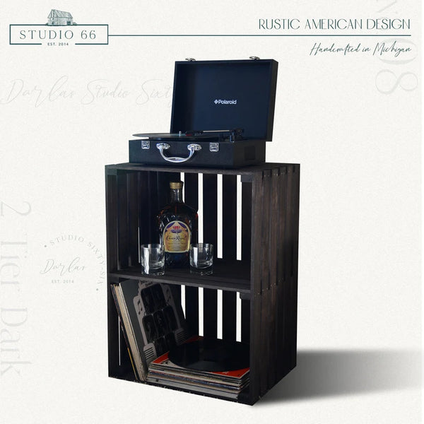 Dark stained wooden turntable stand with 2-tier vinyl record storage