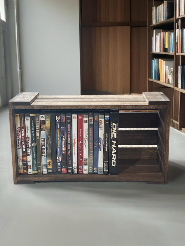 Wooden DVD storage crate on display with movie collection.