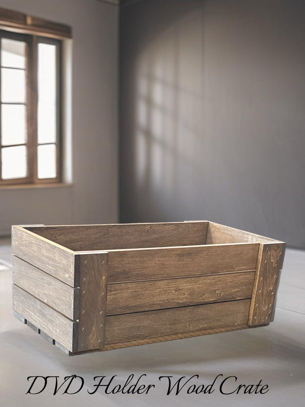 Rustic wooden DVD storage crate, staged in cozy room setting.