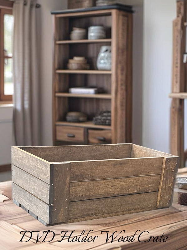 Wooden DVD holder crate with farmhouse style finish, home setting.